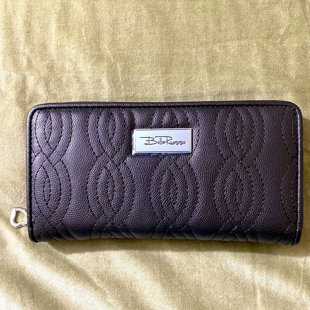 Bella Russo wallet black zip around credit card slots 3 separate compartments